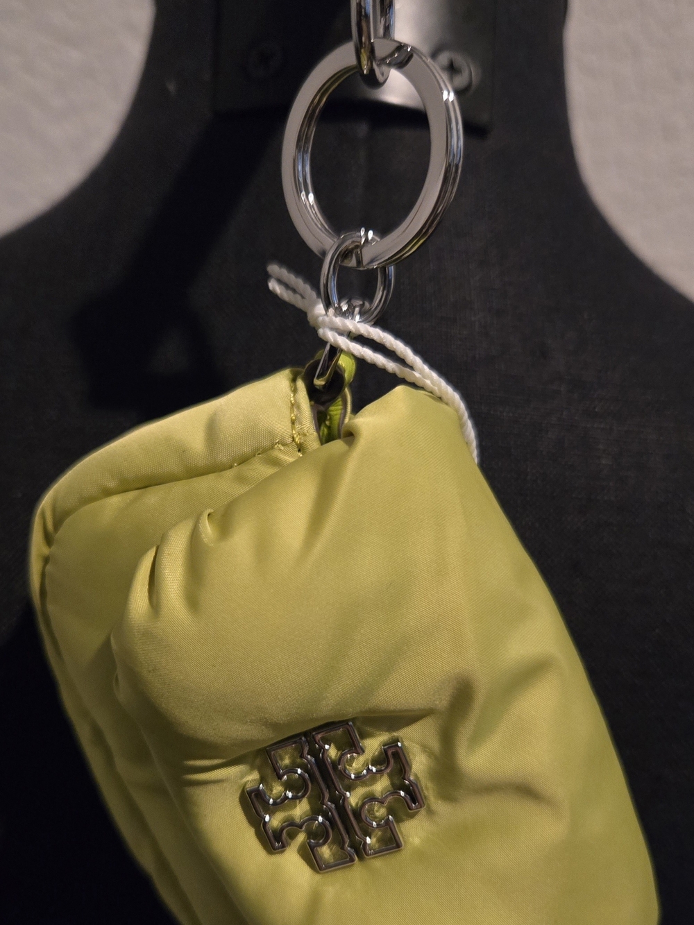 Tory Burch Chartreuse Puffy Keychain Wristlet with Silver Logo Hardware